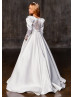 Beaded White Lace Satin Flower Girl Dress With Pockets